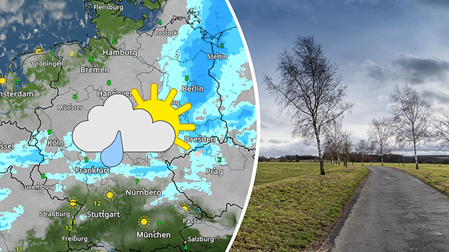 Links: WetterRadar-Karte zeigt wechselhaftes Wetter mit Schauern vom Westen bis in den Osten – Sonne-Wolke-Regen-Symbol hebt die Mischung aus Niederschlag und Auflockerungen hervor. Rechts:Winterliche Hügellandschaft mit kahlen Birken und nassem Weg unter dicht bewölktem Himmel – trübe, aber teils aufgehellte Wetterstimmung.