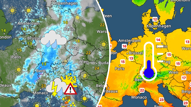 Wetterkarten zeigen einen Temperatursturz in Mitteleuropa mit Regen und Gewittern.