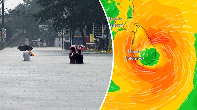 Des personnes pataugent dans une rue inondée, à côté d'une carte météo montrant un cyclone au-dessus du Sri Lanka. Représentation des conséquences de la tempête et des champs de vent actuels.
