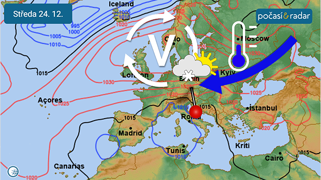 Předpověď synoptické situace nad Evropou na středu 24. 12. Do Česka bude během čtvrtého prosincového týdne po delší době proudit studený (a suchý) vzduch od východu až severovýchodu. Výrazné ochlazení se projeví především na horách.