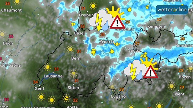 Eine Wetterkarte der Schweiz zeigt im Nordosten ein paar Gewitter.
