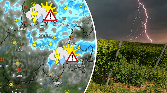 Links: Wetterkarte der Schweiz zeigt im Nordosten Gewitter. Rechts: Foto eines Blitzes über einer Weinlandschaft.