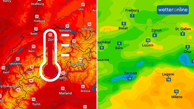 Höchsttemperaturen und Taupunkte heute Nachmittag: Die Taupunkte sind fast überall einstellig.