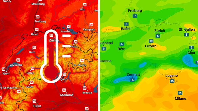 Höchsttemperaturen und Taupunkte heute Nachmittag: Die Taupunkte sind fast überall einstellig.