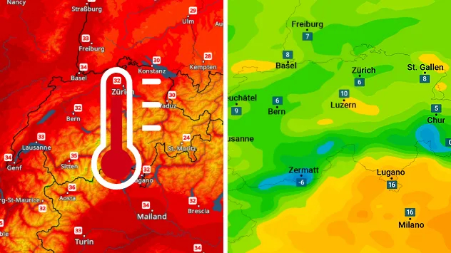 Höchsttemperaturen und Taupunkte heute Nachmittag: Die Taupunkte sind fast überall einstellig.