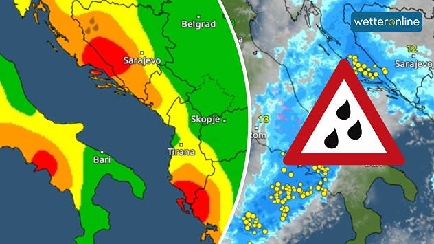 Wetterkarte mit Starkregenwarnung für den westlichen Balkan und die Adriaküste.