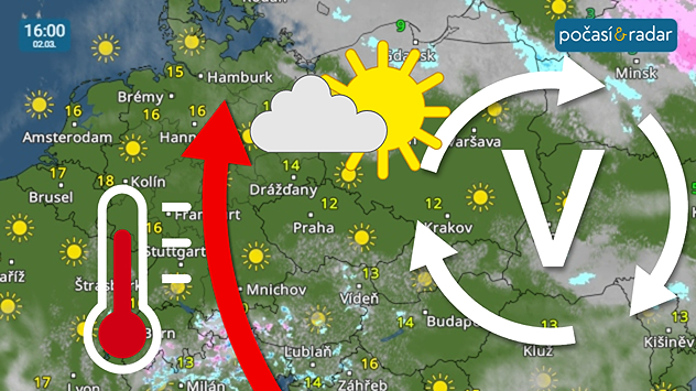 Meteoradar, screenshot, 2. 3. 16:00: V novém týdnu bude české počasí určovat tlaková výše a teplé jižní proudění.