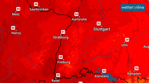 TemperaturRadar mit Spitzenwerte im Südwesten