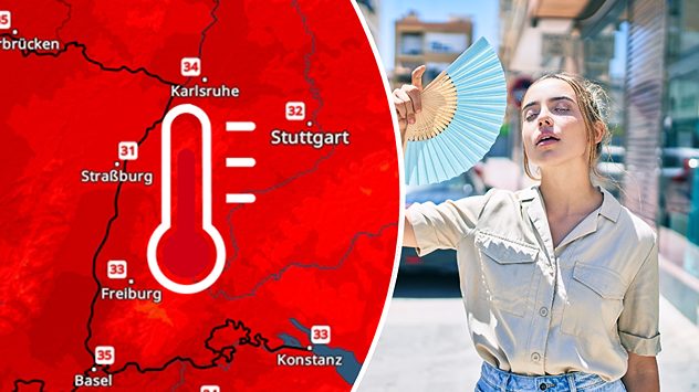 TemperaturRadar mit Spitzenwerte im Südwesten und Temperatursymbol sowie Frau mit Fächer in der Sonne (c) Desizned/Shutterstock.com