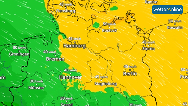 Windkarte mit Böen von 45–50 km/h entlang der deutschen Ostseeküste,