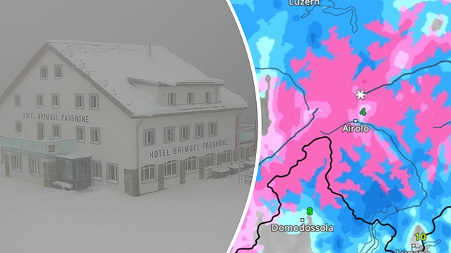 S lijeve strane, hotel Grimsel Passhöhe vidljiv je u obilnim snježnim padalinama. S desne strane, vremenska karta prikazuje obilne snježne padaline u nijansama ružičaste.