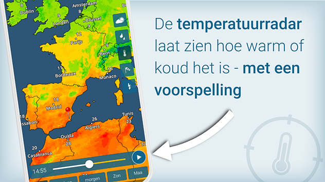 Een kaart van de temperatuurradar van de Weer & Radar app. De temperatuurradar laat zien hoe warm of koud het is en heeft ook een voorspellingsfunctie voor de komende uren.