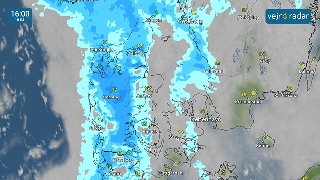 VejrRadar over Danmark kl. 16.00 den 18. april med udbredte regnbyger i store dele af landet.