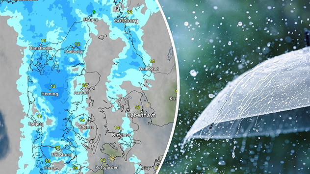 VejrRadar over Danmark med regnbyger kombineret med foto af paraply i regnvejr.