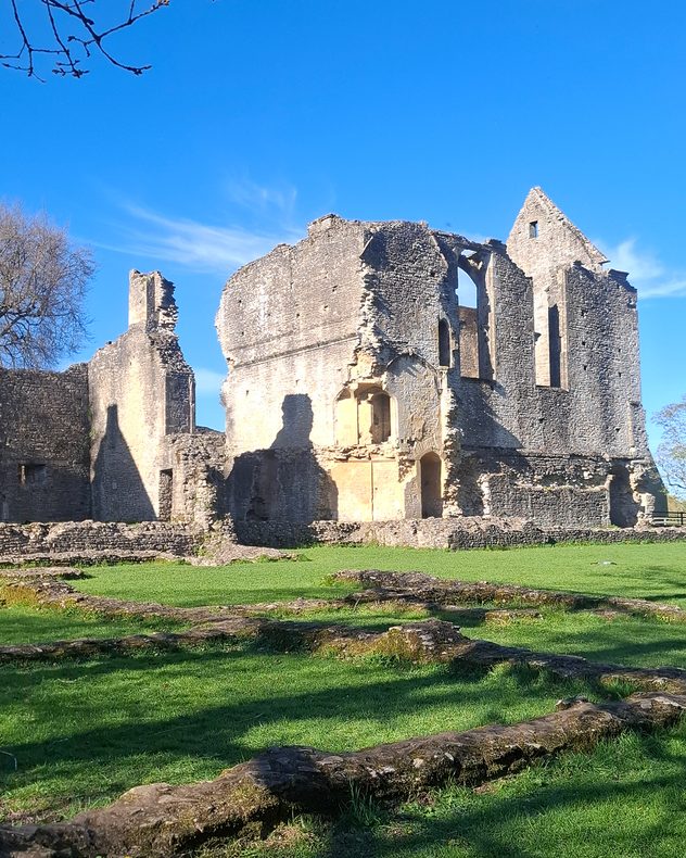 Sunlit ruins of a historic stone abbey with tall broken walls and arched windows, set on green grass under a clear blue sky.