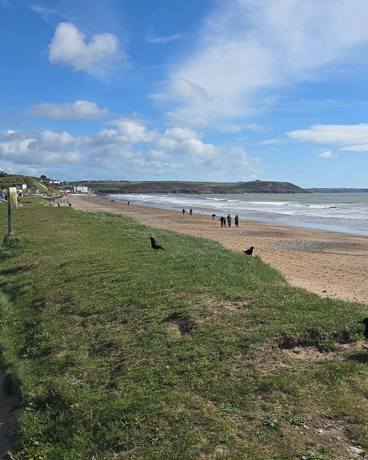 Sandy beach with gentle waves and scattered people walking along the shortline, bordered by grassy dunes in the foreground under a bright blue sky with scattered clouds.