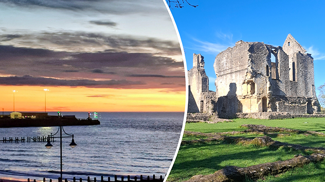 Split image showing a coastal sunrise over the sea with orange horizon on hte left and sunlit stone abbey ruins on green grass under a blue sky on the right.