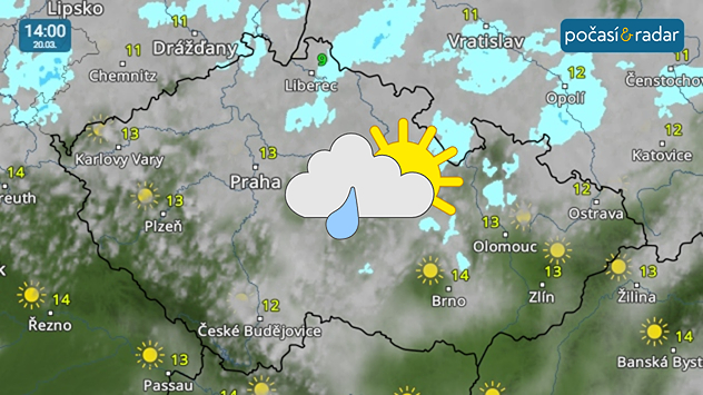 Meteoradar, screenshot, 20. 3. 14:00: V pátek nad Českem přibyde oblačnosti, objeví se i slabé přeháňky.