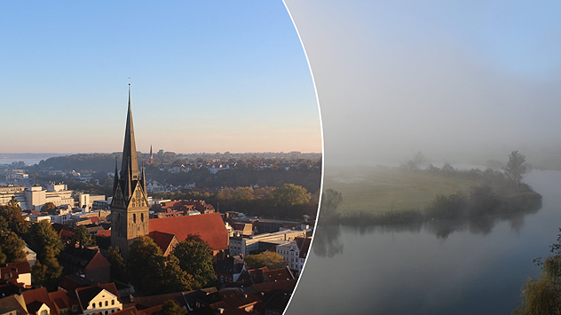 © foto-webcam.eu / terra-hd.de/ Morgensonne in Flensburg, Nebel am Chiemsee.