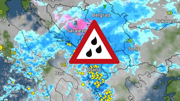 Wetterkarte zeigt Starkregen und Schneefall über dem westlichen Balkan.