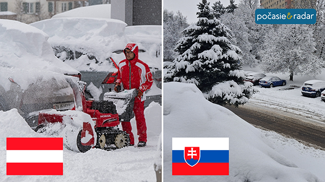 Muž odhŕňa hlboký sneh pri zaparkovanom aute v Rakúsku; zasnežená ulica so stromami a autami na Slovensku