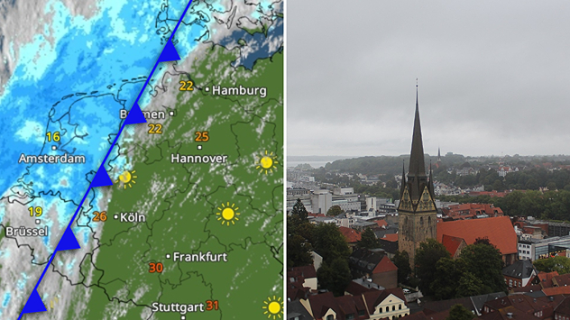 Eine Kaltfront erreicht den Nordwesten Deutschlands mit Regen, Wind und kühlerer Luft.