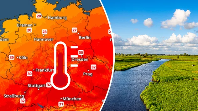 Wetterkarte zeigt Höchstwerte am Dienstag neben einem Fluss