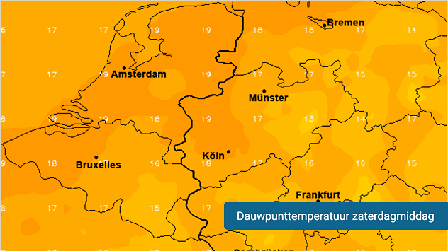 Een kaart van de dauwpunttemperatuur voor zaterdagmiddag, tussen de 15 en 19 graden.