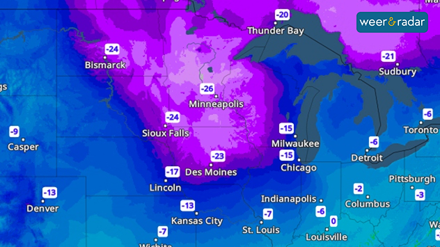 Weerkaart met strenge vortegraden in het middenwesten van de VS. De koudste zone ligt tussen Minneapolis en Bismarck.