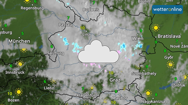 Die Wetterkarte zeigt dichte Wolken und etwas Regen über Österreich, besonders zwischen Salzburg, Linz und Wien. In Westösterreich und im Osten nahe Bratislava ist es freundlicher mit Sonne.