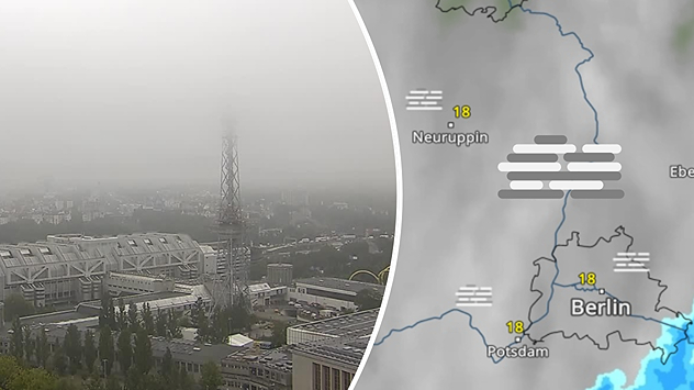 Berliner Funkturm im dichten Nebel, daneben WetterRadar mit Nebelfeldern über Berlin und Potsdam.