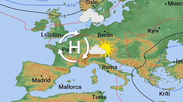 Europakarte mit Hoch über Frankreich, Regenwolken über Skandinavien und etwas Sonne über Süddeutschland.