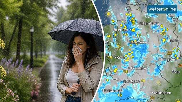 Allergikerin mit Regenschirm bei Regen, daneben eine Wetterkarte mit Gewittersymbol und Niederschlagsgebieten über Deutschland.