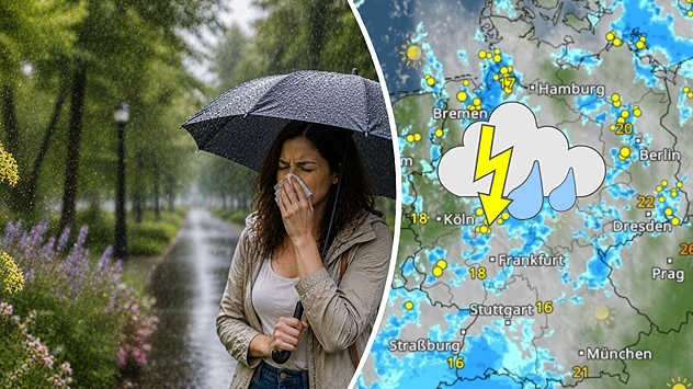 Allergikerin mit Regenschirm bei Regen, daneben eine Wetterkarte mit Gewittersymbol und Niederschlagsgebieten über Deutschland.