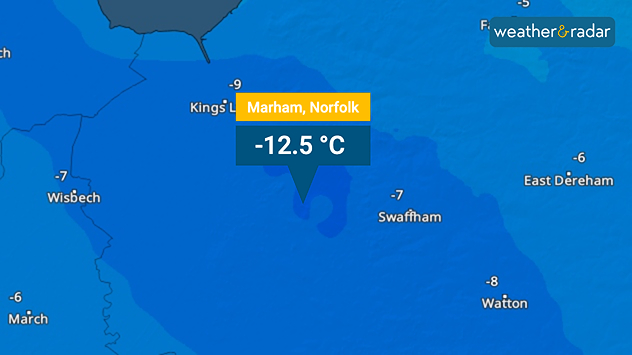 Temperature map of eastern England highlighting Marham, Norfolk at −12.5 °C, with surrounding areas shaded in deep blue and nearby locations labelled with subzero values.