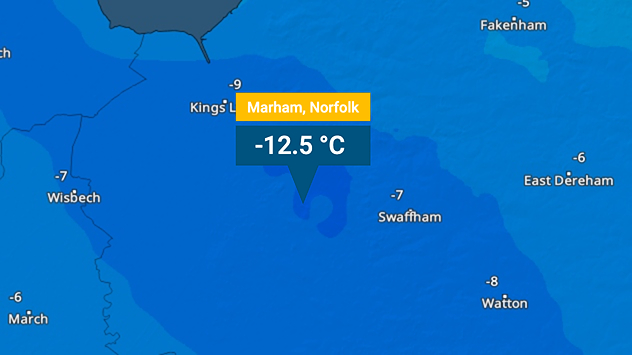 Temperature map of eastern England highlighting Marham, Norfolk at −12.5 °C, with surrounding areas shaded in deep blue and nearby locations labelled with subzero values.
