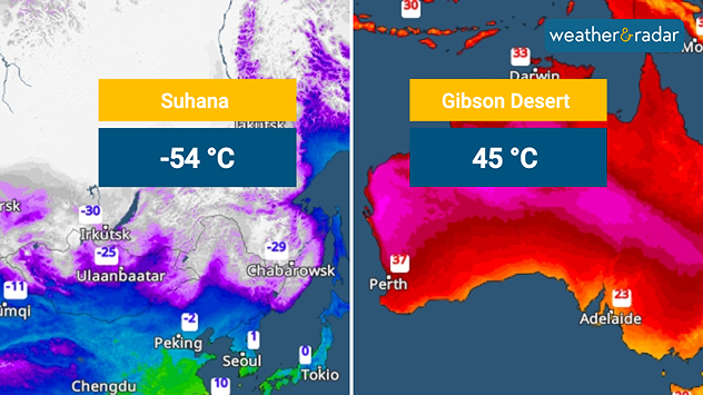 Two weather maps showing temperature extremes: −54 degrees in northern Asia and 45 degrees in Australia. Coloured areas indicate extreme cold and heat.