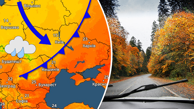 Зліва: температурна карта для України. Справа: осінній ліс.