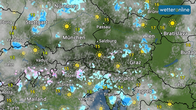 Die Karte zeigt das Wetter im Alpenraum von Süddeutschland über Österreich bis nach Norditalien und Slowenien. Ein großes Symbol mit Sonne hinter einer Wolke steht für einen freundlichen Wechsel aus Sonne und Wolken. Vor allem entlang der Alpen treten jedoch weiterhin Schauer auf, in höheren Lagen teils auch als Schnee. Die Temperaturen bewegen sich meist zwischen 13 und 17 Grad, mit etwas milderen Werten im Osten rund um Wien, Bratislava und Zagreb. In vielen Regionen scheint zwischendurch die Sonne.