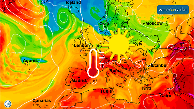 De Europese weerkaart voor dinsdag 12 augustus toont een groot gebied met zomerweer in Europa: Veel zon en warme tot zeer warme temperaturen.