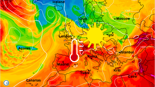 De Europese weerkaart voor dinsdag 12 augustus toont een groot gebied met zomerweer in Europa: Veel zon en warme tot zeer warme temperaturen.