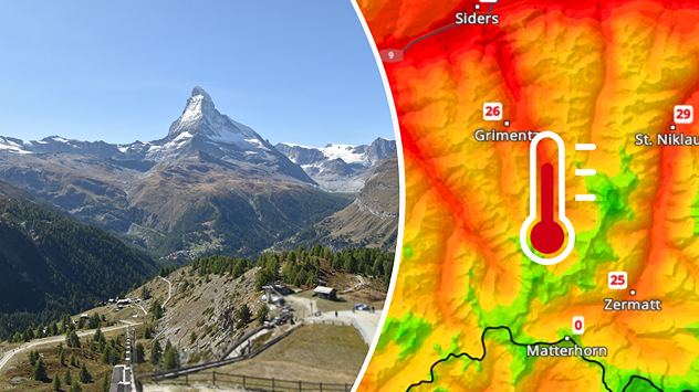 A bal oldalon a Matterhorn látható napsütéses időben, a környező hegyvidékkel együtt. A jobb oldalon egy időjárási térkép magas hőmérsékleteket mutat.