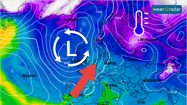 Een omvangrijk lagedrukgebied tussen Schotland en IJsland voert deze week zachte lucht naar onze omgeving.
