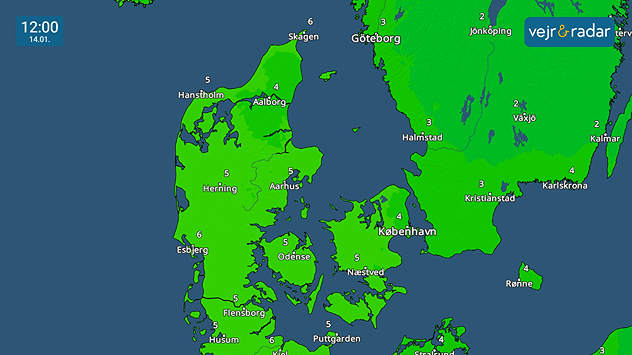 Temperaturkort over Danmark kl. 12.00 den 14. januar, der viser milde temperaturer over hele landet.