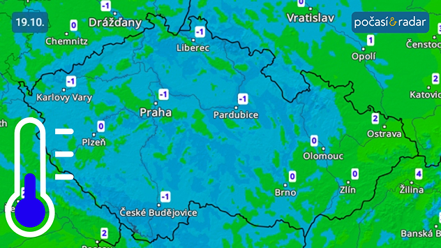 Předpověď minimálních teplot v Česku na neděli 19. 10. Minimální teploty v noci na neděli poklesnou na velké části našeho území pod bod mrazu!