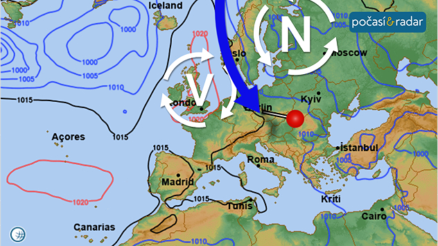 Mapa synoptické situace nad Evropou, sobota 23. 8. Česko se na závěr tohoto týdne ocitá v chladném proudění od severu až severozápadu.