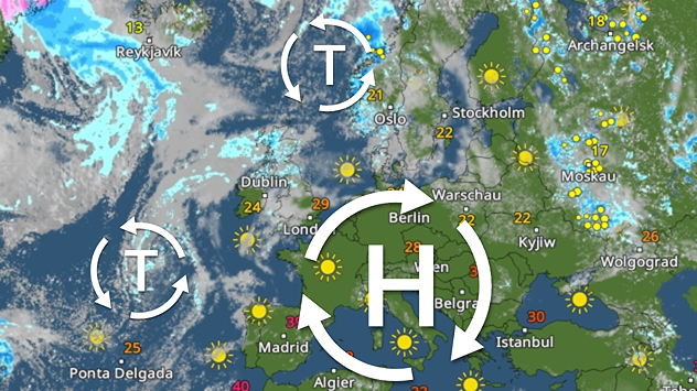 Carte météo de l'Europe avec une zone de haute pression ensoleillée sur l'Europe centrale (H), des dépressions sur l'Atlantique et l'Europe du Nord, de nombreux symboles représentant le soleil sur l'Allemagne et le sud-est de l'Europe.