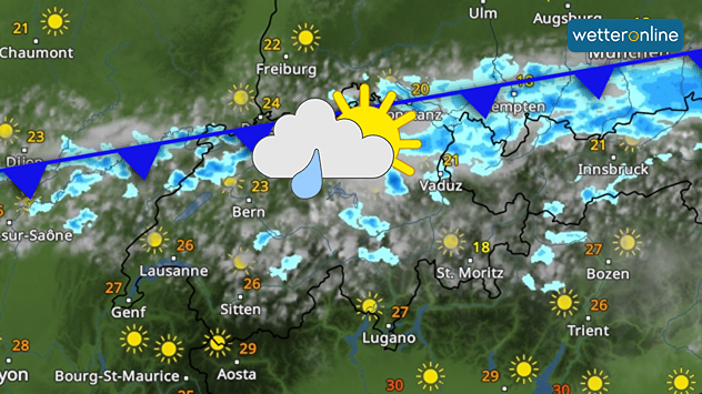 WetterRadar zeigt eine Kaltfront mit Wolken und Regengüsse über der Schweiz