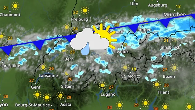 WetterRadar zeigt eine Kaltfront mit Wolken und Regengüsse über der Schweiz