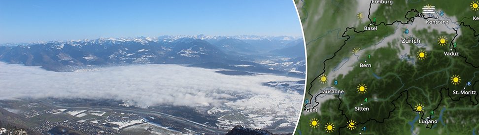 Links zeigt ein Webcambild den Ausblick von einem Berg mit Nebel im Tal. Rechts ist das WetterRadar für die Schweiz zu sehen. (c) roundshot.com